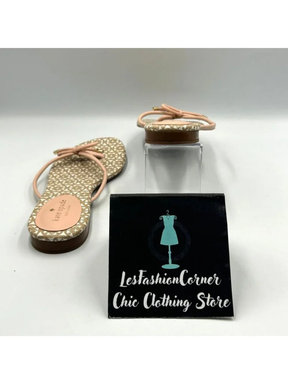 Kate Spade Women's Beige Pink Leather Mistic Bow Flats Sandals Size 9.5 3615